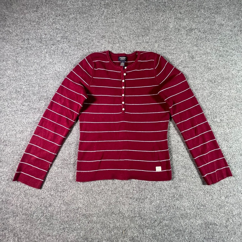 American Eagle Outfitters Henley Top Women Large Red White Striped Preppy Casual